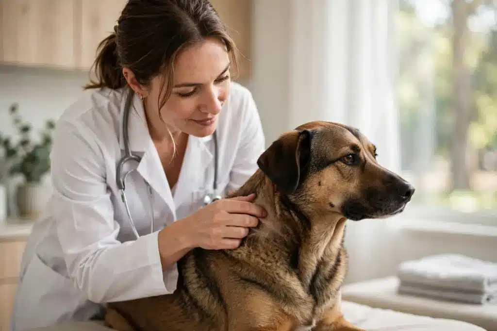 La Sarna en los Perros Tipos Veterinaria revisando con suavidad la piel del cuello de un perro tranquilo en una clínica luminosa