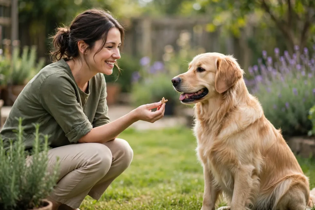 Comportamientos de los Perros Dueña agachada ofreciendo una golosina como refuerzo positivo a su perro golden retriever sentado y feliz en el jardín
