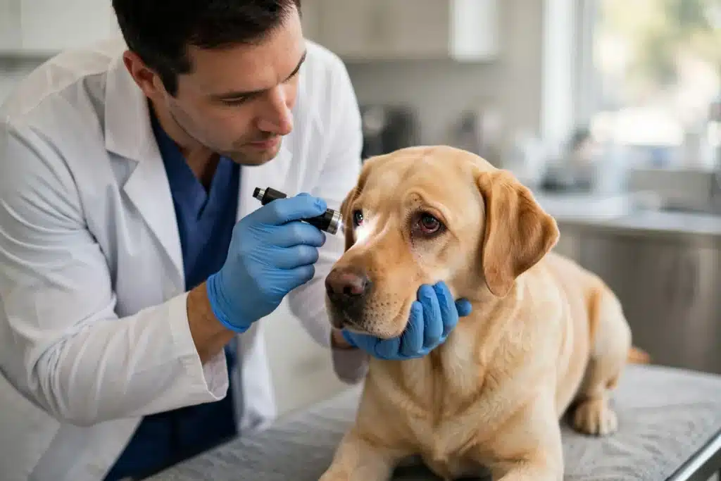 La queratoconjuntivitis en los Perros Veterinario examinando con una lámpara clínica el ojo con leve enrojecimiento de un perro labrador en una consulta veterinaria