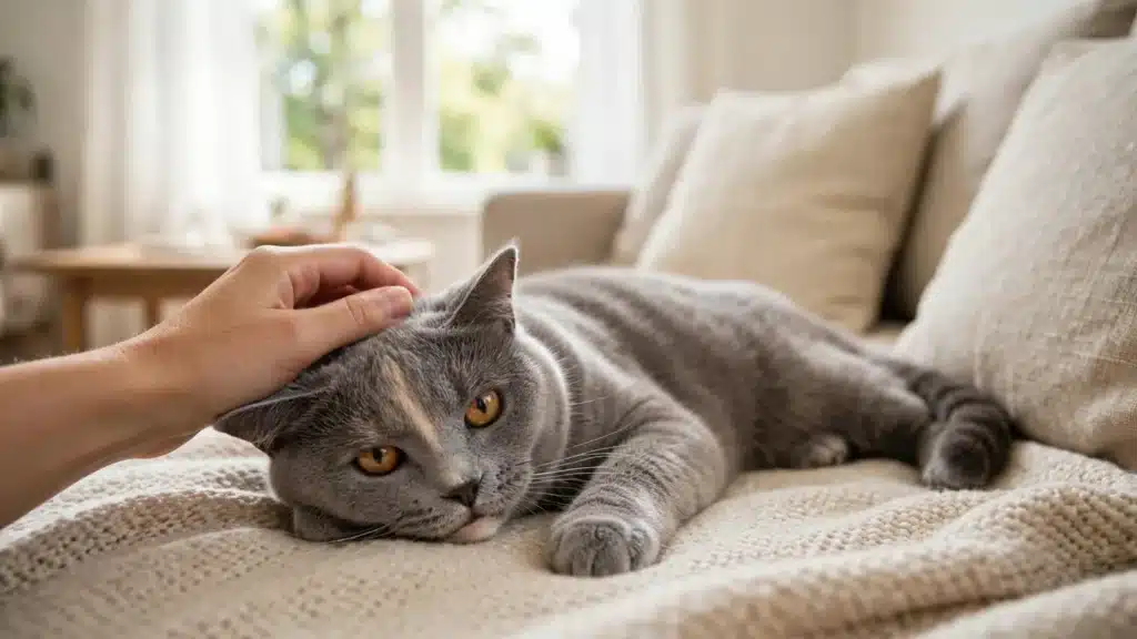 A que le tienen miedo los Gatos Gato gris tranquilo recibiendo una caricia suave mientras descansa en un sofá acogedor y luminoso