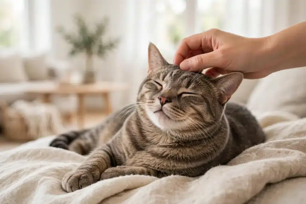 Problemas de la piel en Gatos Gato atigrado sano y tranquilo recibiendo una caricia suave en casa
