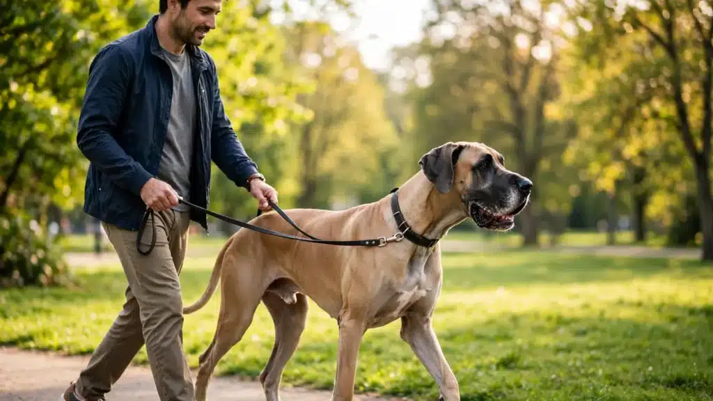 Síndrome de Wobbler en los Perros Perro gran danés grande y sano caminando tranquilamente con correa junto a su dueño en un parque soleado, en un paseo de cuidado responsable.