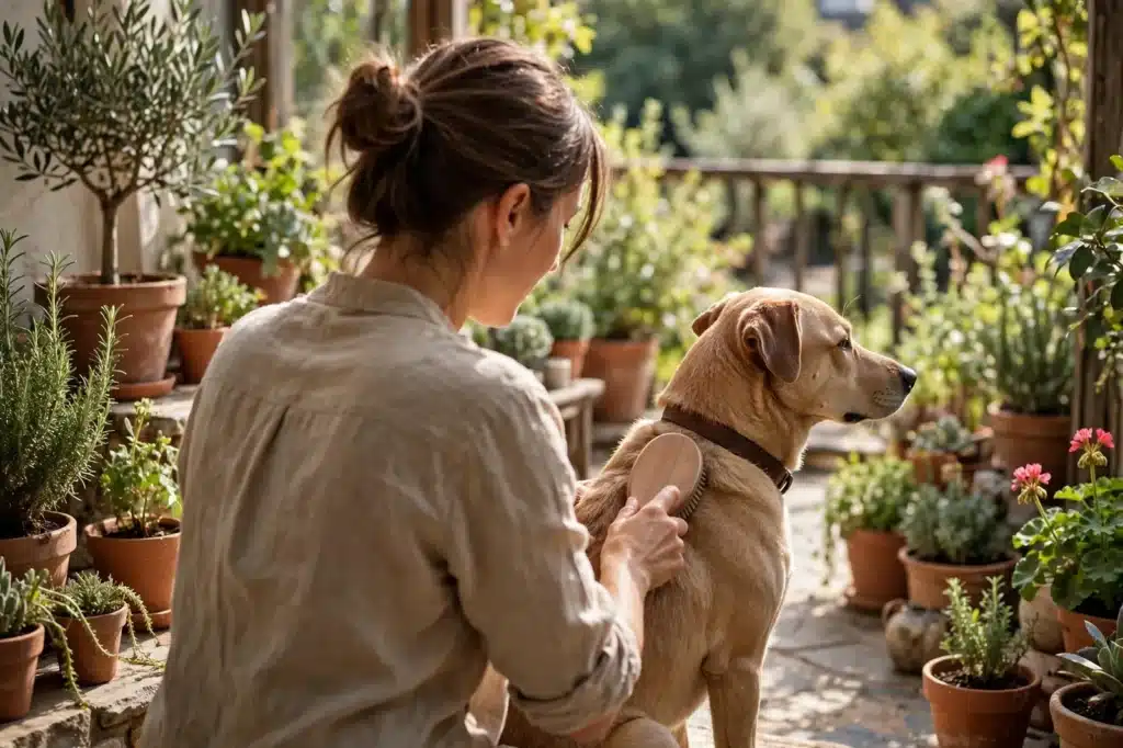 Cómo evitar la alergia a las Mascotas Mujer cepillando a su perro en una terraza soleada rodeada de plantas, hábito diario que reduce pelos y alérgenos en casa