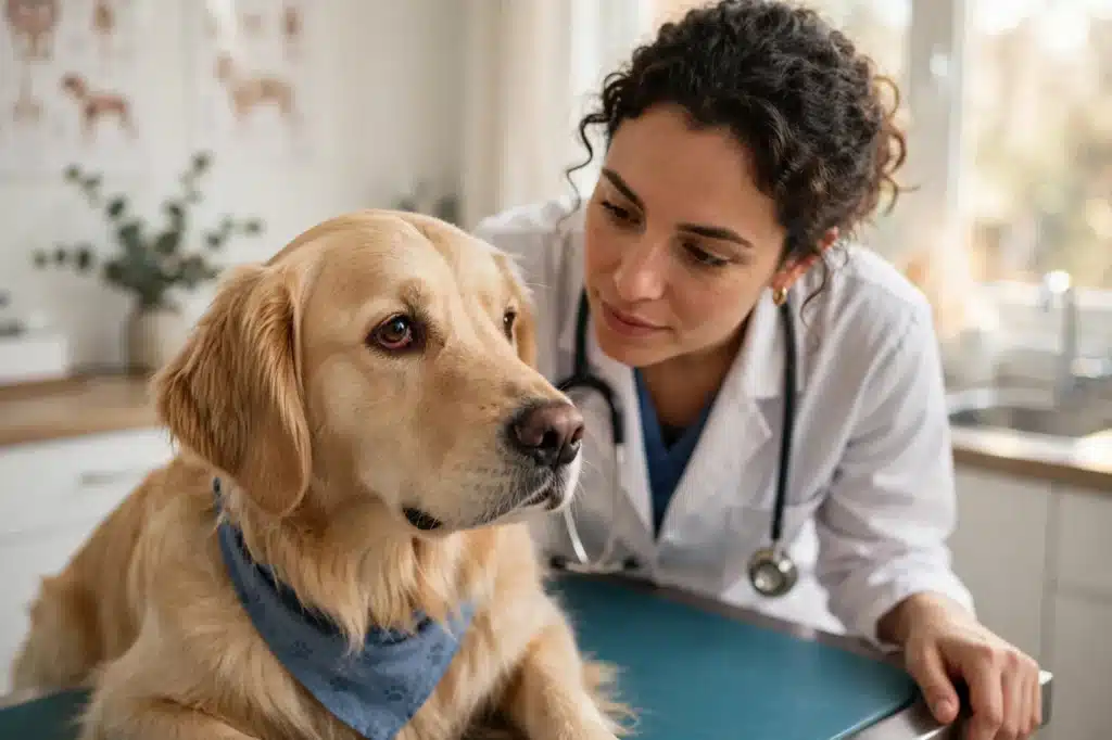 Glaucoma en los Perros Veterinaria examinando visualmente el ojo con enrojecimiento leve de un golden retriever en clínica luminosa