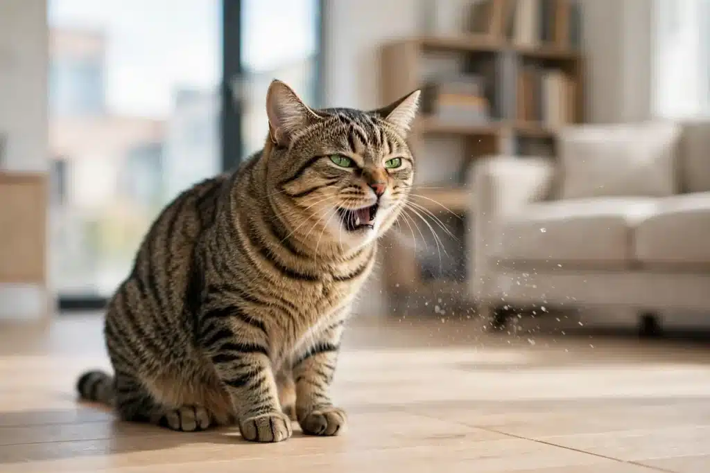 El estornudo en Gatos Gato atigrado con ojos verdes estornudando en una sala luminosa y ordenada: causas del estornudo en gatos y cuándo preocuparse.