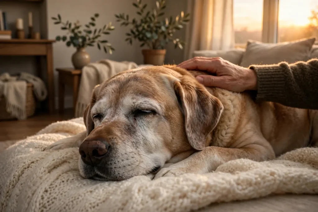 La Eutanasia en Mascotas Perro senior descansando en paz sobre una manta en casa mientras su dueño le acaricia el lomo con cariño a la luz cálida del atardecer