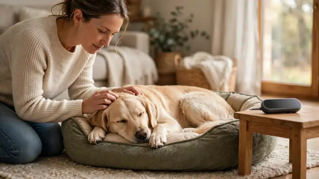 Cómo bajar la fiebre a mi Perro Dueña acariciando a su perro recostado en una cama para mascotas en casa, con un termómetro digital veterinario sobre una mesa cercana, en una escena de cuidado hogareño ante la fiebre.