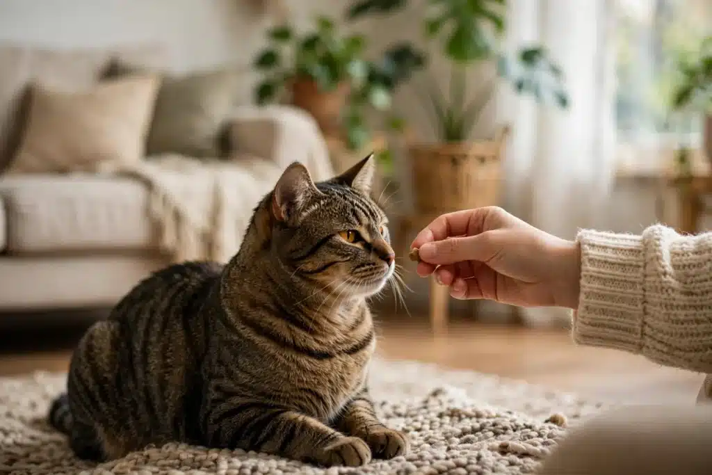 Cómo debemos adiestrar un Gato Gato atigrado sentado en la alfombra de un salón cálido mientras una mano le ofrece un premio durante una sesión de adiestramiento con refuerzo positivo.