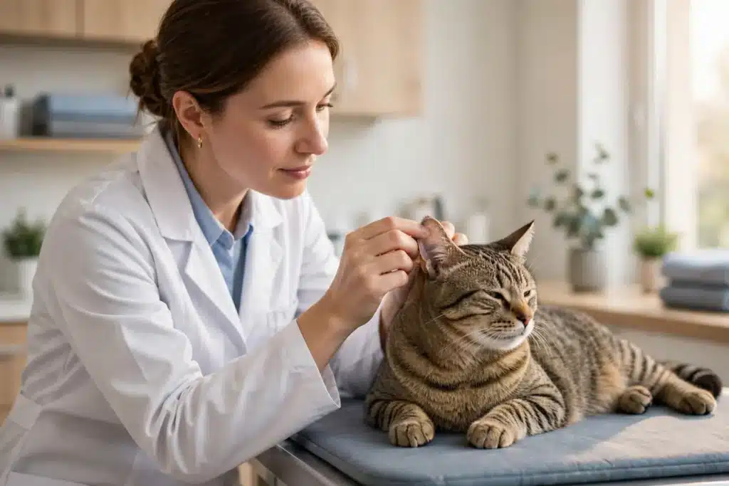 Enfermedades virales Felinas Veterinaria con bata examinando con delicadeza la oreja de un gato atigrado en una clínica luminosa
