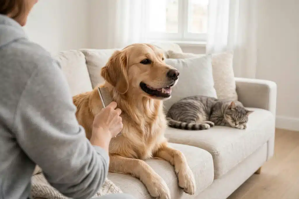Evita las pulgas en tu Mascota Dueño cepillando a un perro feliz con un peine fino antipulgas mientras un gato descansa tranquilo en un sofá limpio y luminoso.