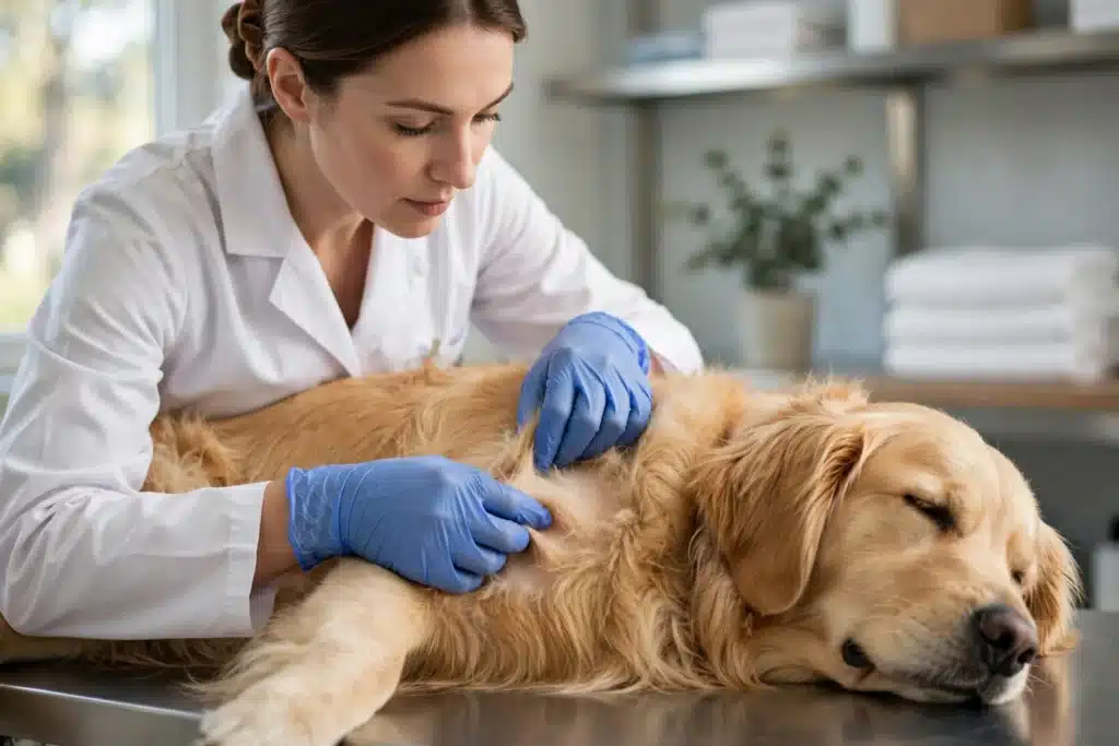 Enfermedades de Piel comunes en Mascotas Veterinaria con guantes examinando la piel de un perro golden retriever en la camilla de una clínica luminosa