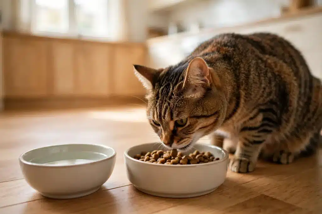 Cómo alimentar a un Gato Esterilizado Gato atigrado comiendo una porción medida de croquetas en un plato cerámico, junto a un plato con agua fresca, en una cocina luminosa.
