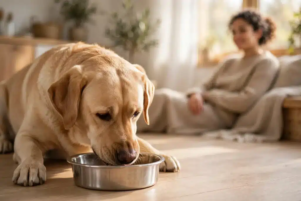 Cómo prevenir un cólico en mi perro Labrador comiendo concentrado de su plato bajo la mirada tranquila de su dueña en casa: rutina de alimentación serena para prevenir cólicos en perros