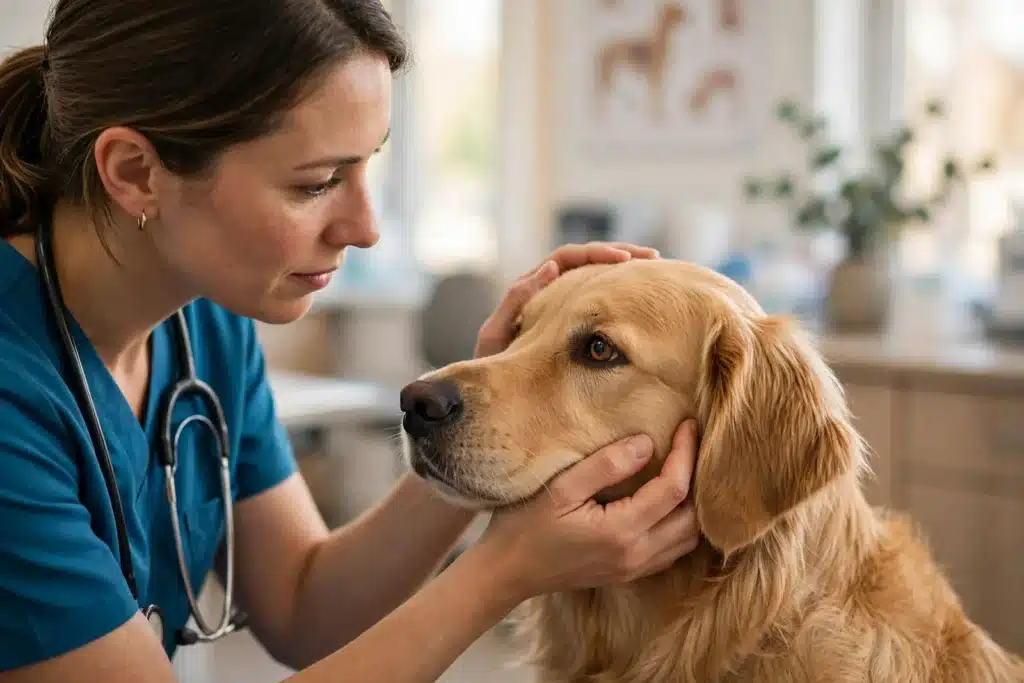 La Queratitis en los Perros Veterinaria examinando con delicadeza el ojo de un perro golden retriever tranquilo en una clínica luminosa