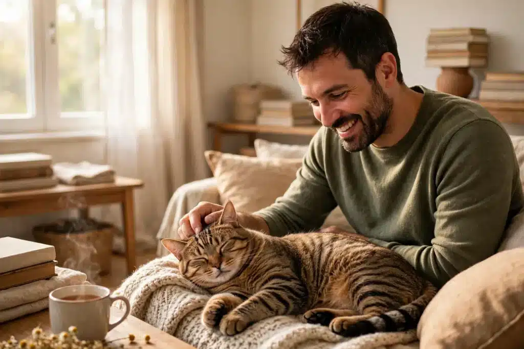 Ventajas de castrar a tu Gato Macho Gato macho atigrado sano y tranquilo descansando mientras su dueño sonriente lo acaricia en un hogar luminoso.