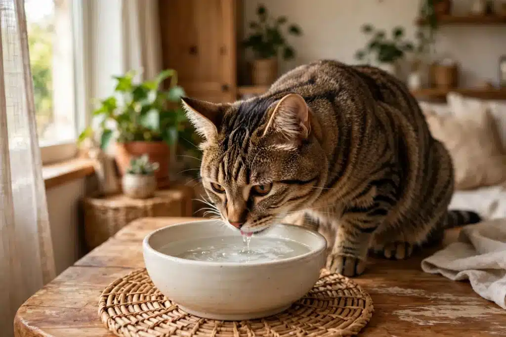 Problemas Renales en Gatos y sus Síntomas Gato atigrado bebiendo agua fresca de un bowl de cerámica en casa, hidratación esencial ante problemas renales en gatos y sus síntomas