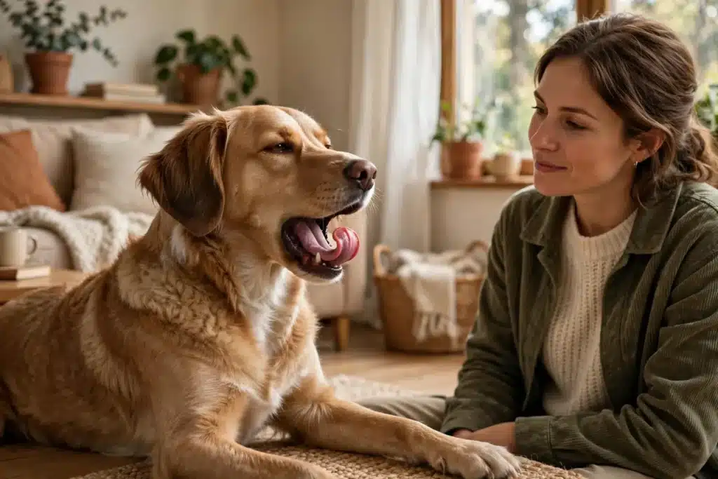 Que dicen los Comportamientos de tu Perro Perro bostezando con la lengua curvada, señal de calma, mientras su dueña lo observa con atención en la sala de casa