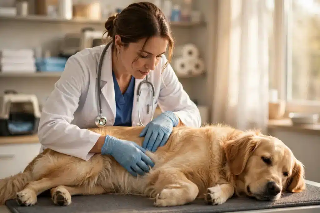 Mala digestión en los Perros Síntomas Veterinaria examinando el abdomen de un golden retriever tranquilo sobre la camilla de la clínica