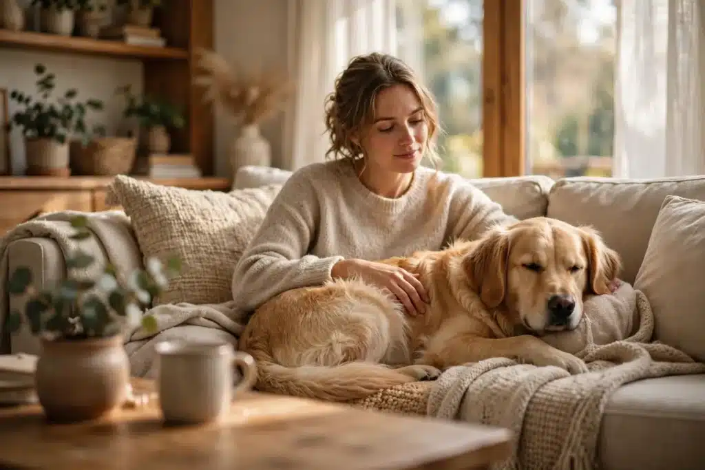 Razas de Perros propensos a sufrir de Epilepsia Golden retriever descansando tranquilo junto a su dueña en un sofá de sala, ambiente sereno y seguro en casa