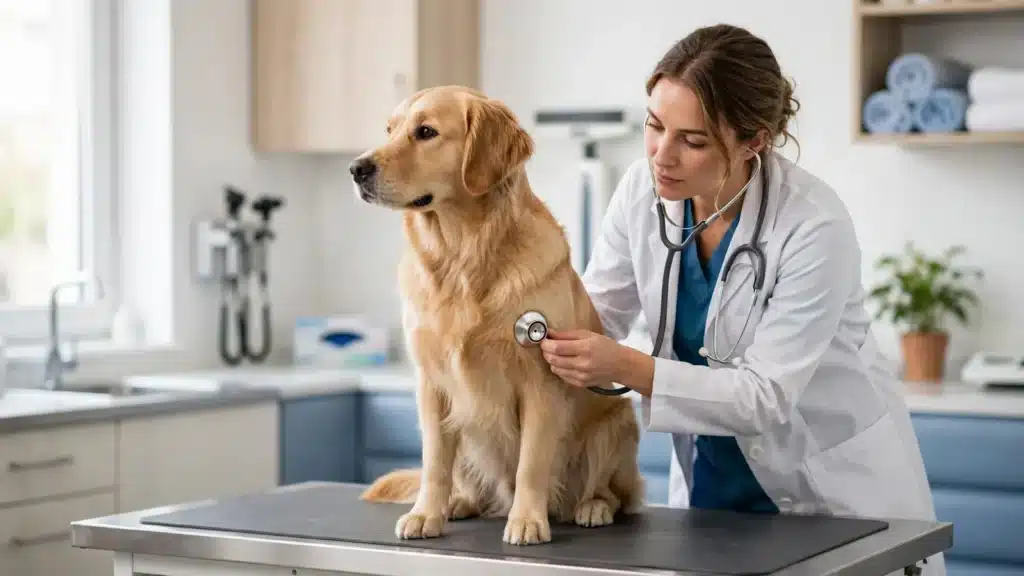 La Amoxicilina para infecciones en los Perros Veterinaria con estetoscopio examinando a un golden retriever sobre la camilla de una clínica veterinaria