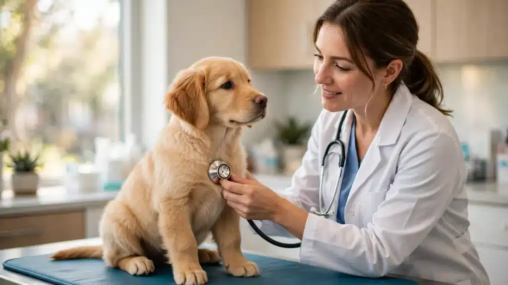 La hepatitis canina, sintomas, infecciones y tratamiento Veterinaria examinando con un estetoscopio a un cachorro golden retriever tranquilo sobre la camilla de una clínica luminosa