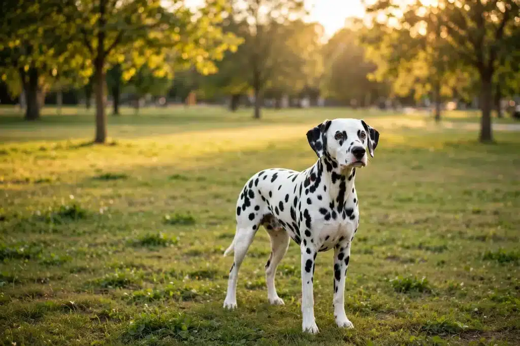 Dálmata enfermedades y problemas de salud Dálmata adulto sano de pelaje blanco con manchas negras, de pie en un parque soleado con césped verde y árboles al fondo