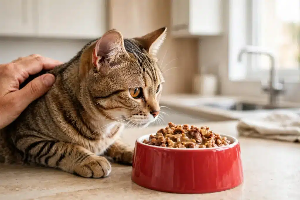 Cómo estimular el apetito de tu gato Gato atigrado sano olfateando curioso un plato de comida húmeda mientras su dueño lo acaricia en una cocina limpia, cómo estimular el apetito de tu gato
