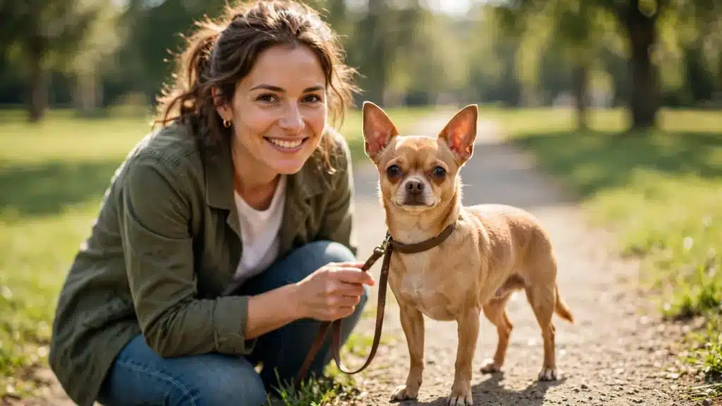 Comportamiento del perro chihuahua Chihuahua de pelo corto con orejas erguidas junto a su dueña en un parque soleado, atento y curioso, mostrando el temperamento típico de la raza.