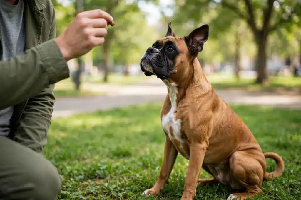 Cómo educar a un Bóxer Perro bóxer leonado sentado en el césped de un parque, mirando con atención a su dueño que le ofrece una golosina como recompensa durante una sesión de adiestramiento con refuerzo positivo.