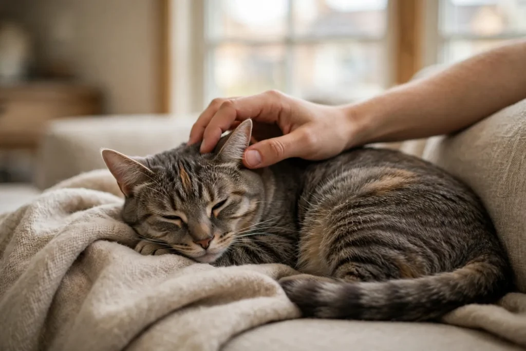 Comportamiento de los gatos Gato atigrado relajado con los ojos entrecerrados recibiendo una caricia suave en la cabeza mientras descansa sobre una manta de sofá en una casa luminosa, ejemplo de lenguaje corporal felino tranquilo.