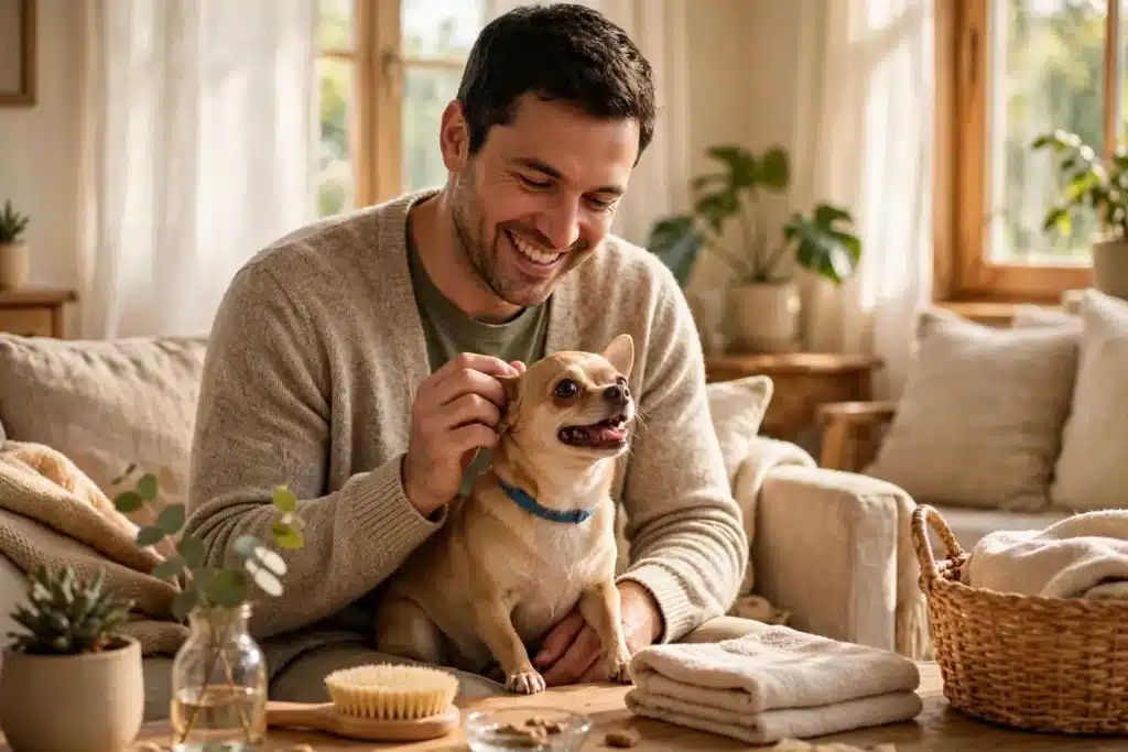 Enfermedades en perros pequeños Dueño sonriente acariciando a un chihuahua sano y feliz en un hogar luminoso — enfermedades en perros pequeños