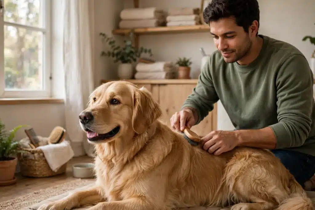 Problemas en el pelaje del perro Dueño cepillando con suavidad el pelaje de un perro golden retriever en un salón luminoso, como cuidado preventivo ante problemas del pelaje.