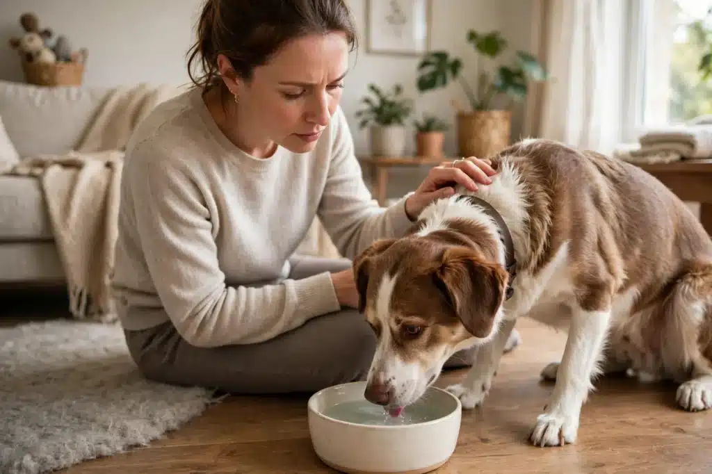 Diarrea en perros Dueña preocupada acariciando a su perro mientras bebe agua fresca de un tazón en el salón de casa — cuidado ante la diarrea canina