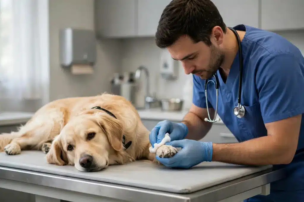 Cómo curar una herida a un Perro Veterinario con guantes limpiando con cuidado la pata de un perro golden retriever sobre una mesa de clínica