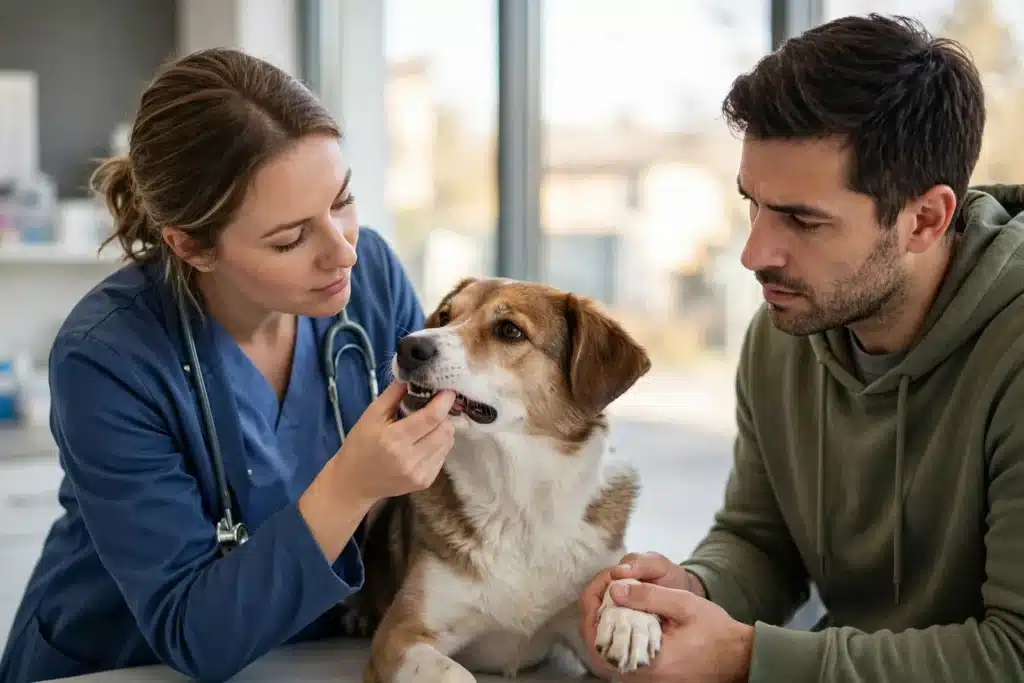 La anemia en perros Veterinaria revisando las encías de un perro mestizo en una clínica luminosa mientras su dueño le sostiene la pata, ilustrando la revisión veterinaria de la anemia en perros.