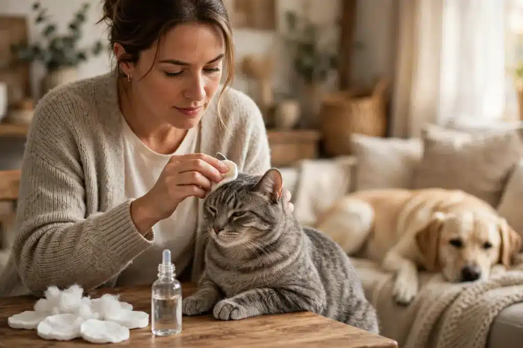 Acaros en las Orejas de perros y gatos Tutora limpiando la oreja de un gato mientras un perro descansa cerca, prevención de ácaros en los oídos de perros y gatos