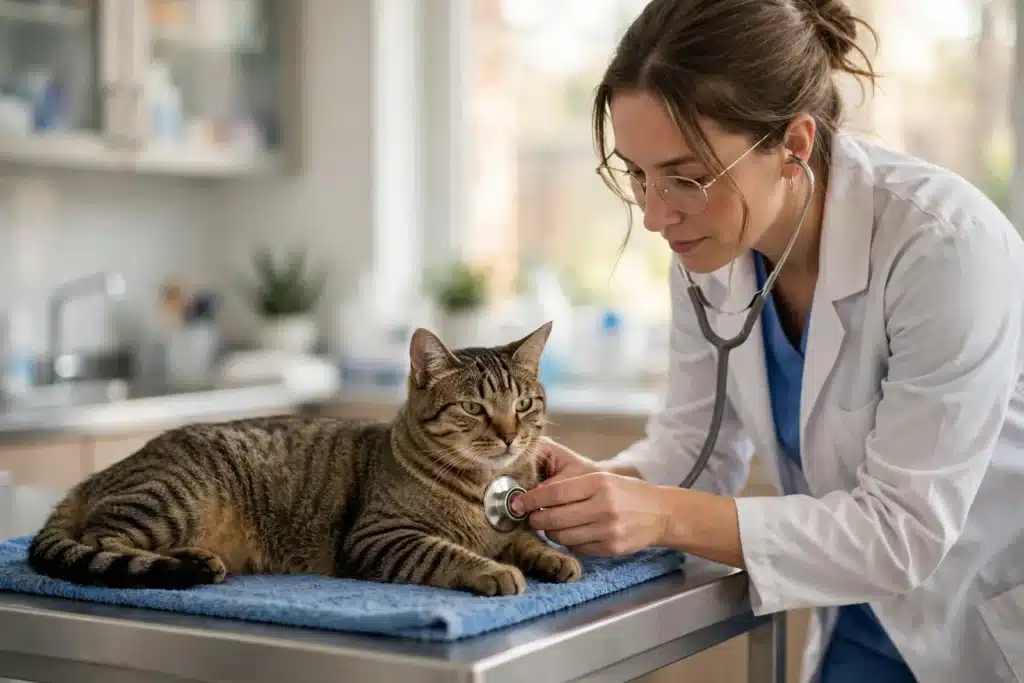 Enfermedad del hígado en los gatos Gato atigrado tranquilo sobre la camilla de una clínica veterinaria luminosa mientras una veterinaria lo examina con estetoscopio