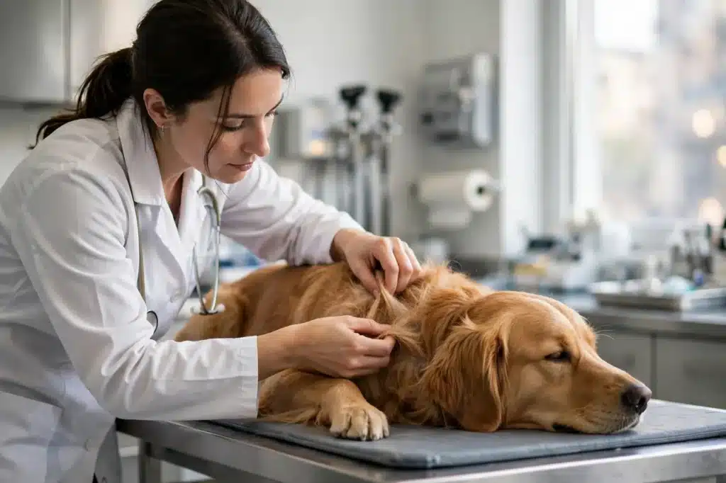 Enfermedades que causan las pulgas en perros Veterinaria revisando el pelaje de un perro tranquilo en la camilla de una clínica, inspección para detectar pulgas y las enfermedades que causan
