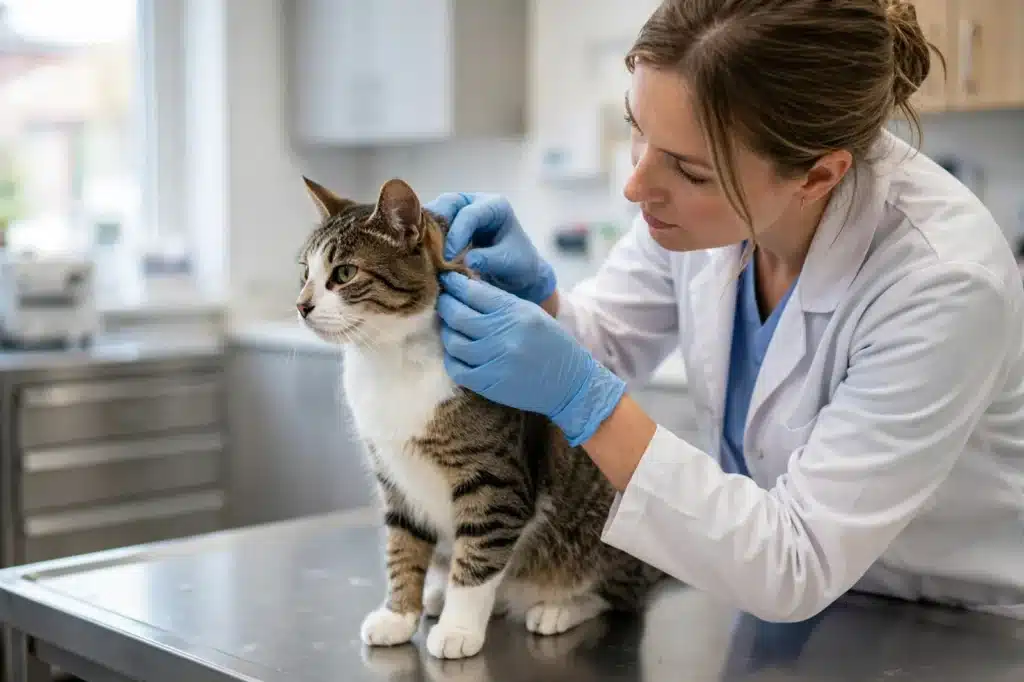 Las garrapatas en gatos Veterinaria revisando con suavidad el cuello y las orejas de un gato atigrado en la camilla de una clínica para detectar garrapatas