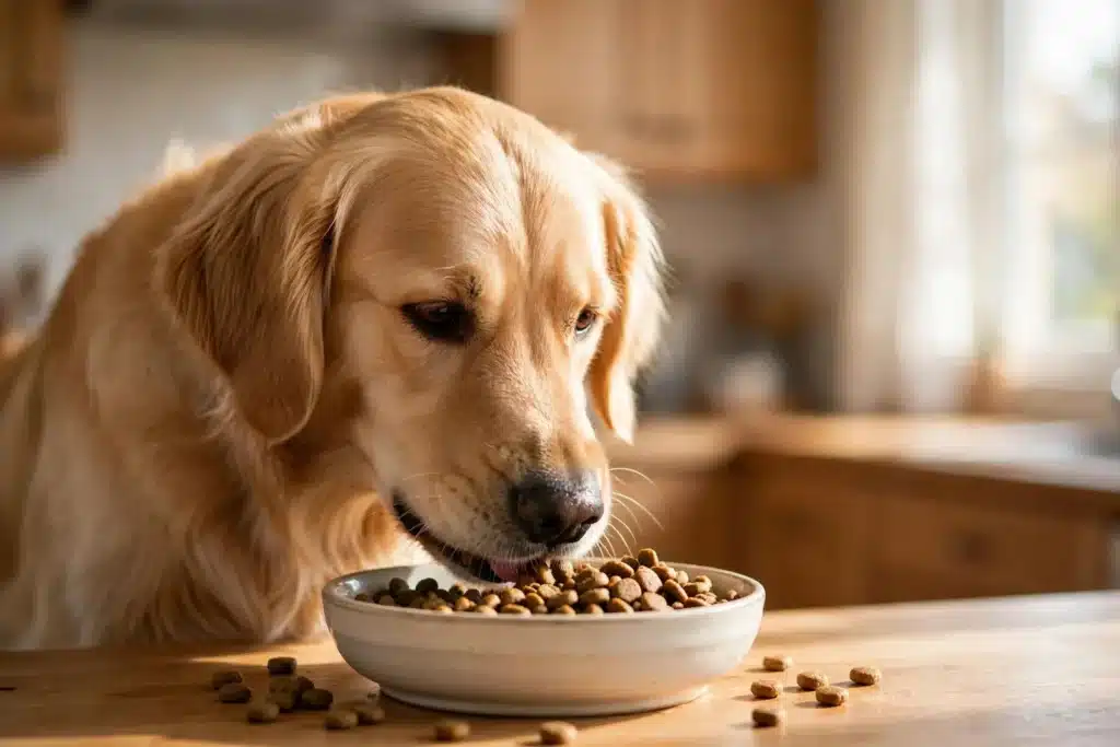 Vitaminas para perros Golden retriever adulto y sano comiendo alimento balanceado de un plato de cerámica en una cocina luminosa y cálida.