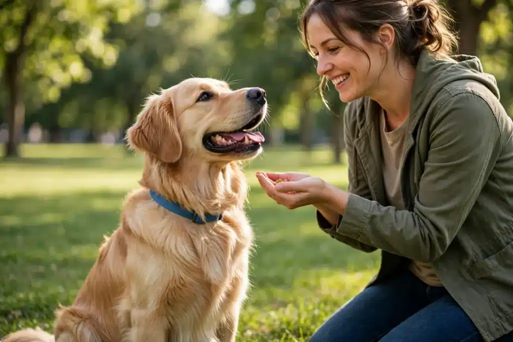 6 problemas de conducta en perros Perro golden retriever sentado y tranquilo en un parque luminoso recibiendo un premio de la mano de su dueña durante una sesión de entrenamiento con refuerzo positivo