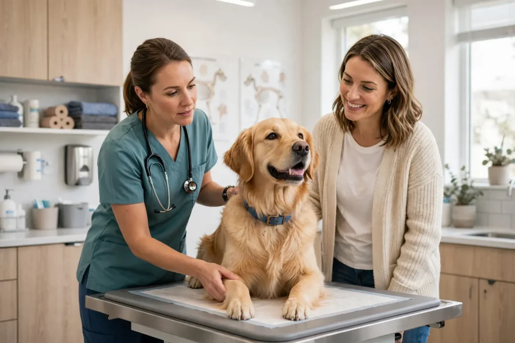 Diabetes en perros Veterinaria examinando a un perro golden retriever sobre la camilla de una clínica veterinaria luminosa mientras su dueña sonríe a su lado, en un chequeo de salud de rutina
