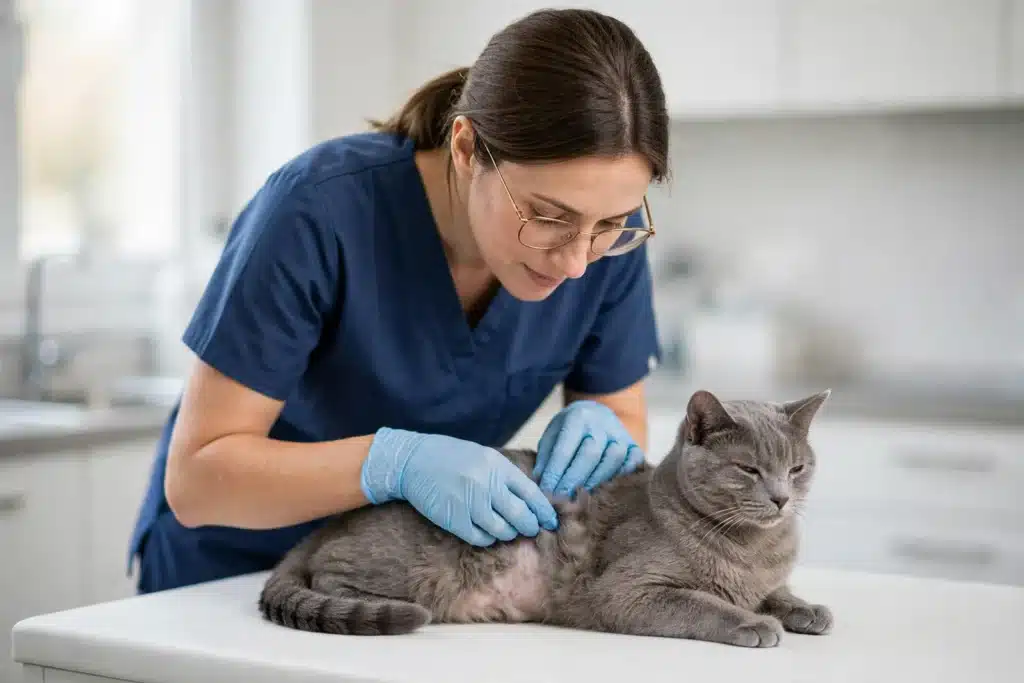 Hongos en gatos Veterinaria examinando con suavidad la piel de un gato gris tranquilo en la clínica