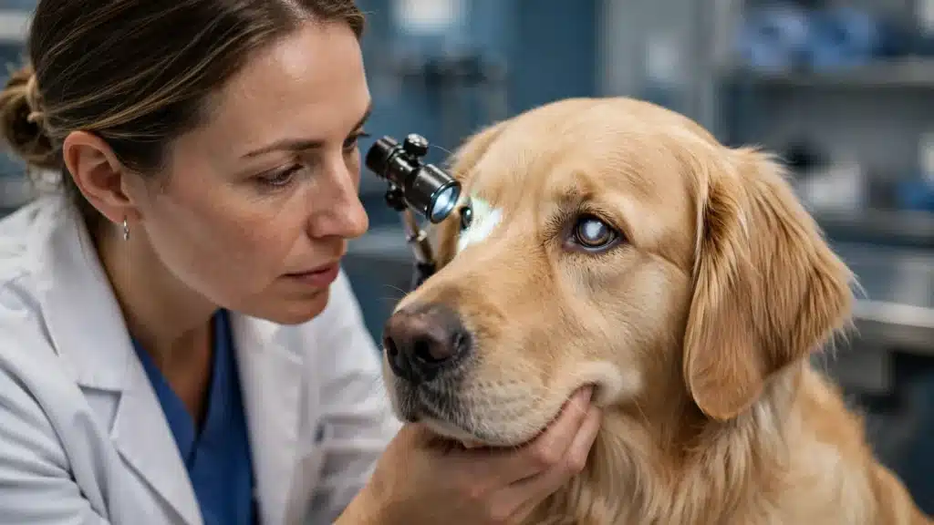 La catarata Canina Veterinaria examinando con lámpara clínica el ojo opaco de un perro con catarata canina