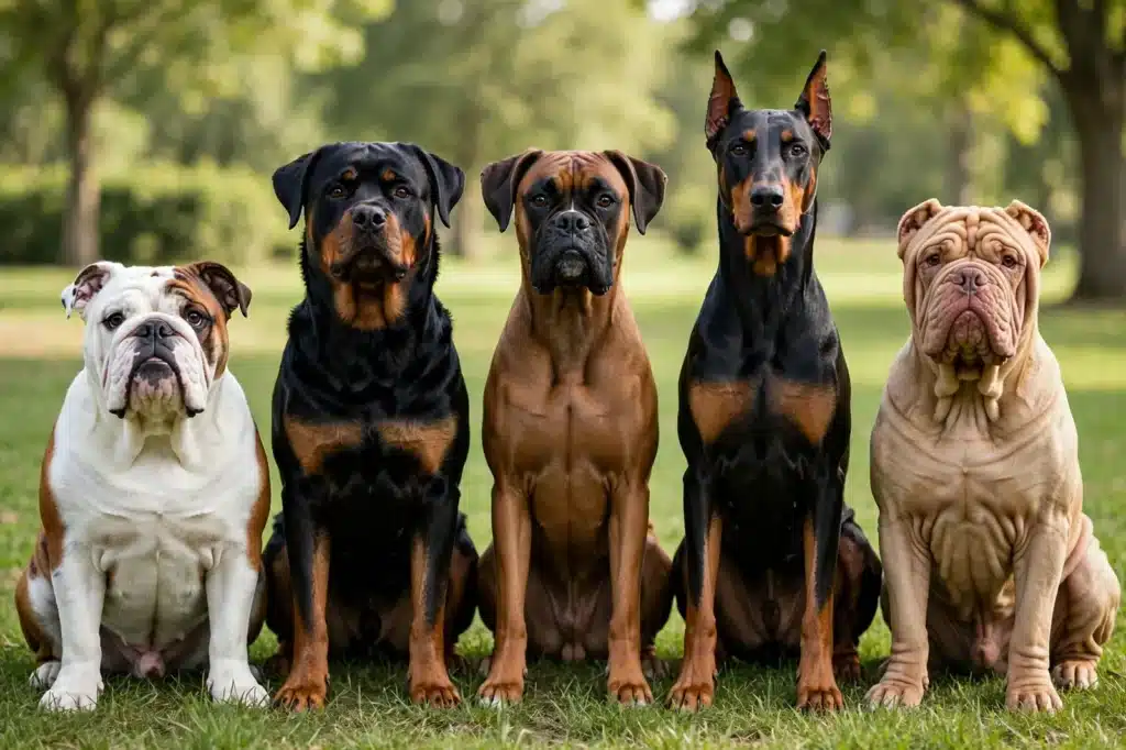 Razas de perros más propensas a Enfermedades Bulldog, rottweiler, bóxer, doberman y shar pei sentados en un parque: razas de perros más propensas a enfermedades