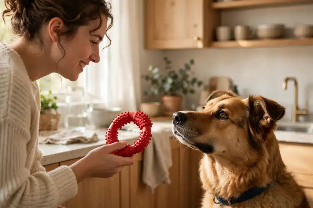 El peligro de dar huesos a tu perro Perro mirando a su dueña en una cocina luminosa mientras le ofrece un masticable de goma, alternativa segura a los huesos