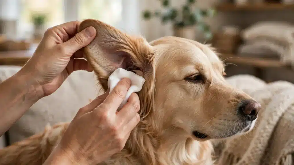 Cómo limpiar los oídos a los perros Persona limpiando con cuidado el oído externo de un perro golden retriever con una gasa blanca en casa