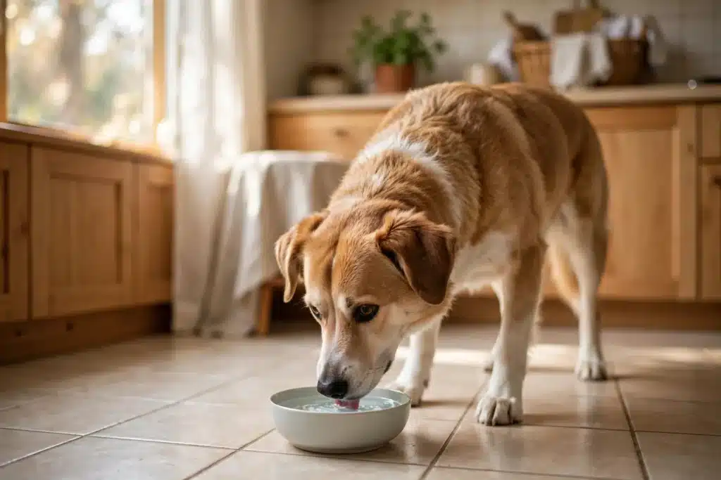 Problemas renales en perros Perro adulto bebiendo agua fresca de un recipiente en casa, clave para la hidratación en problemas renales caninos