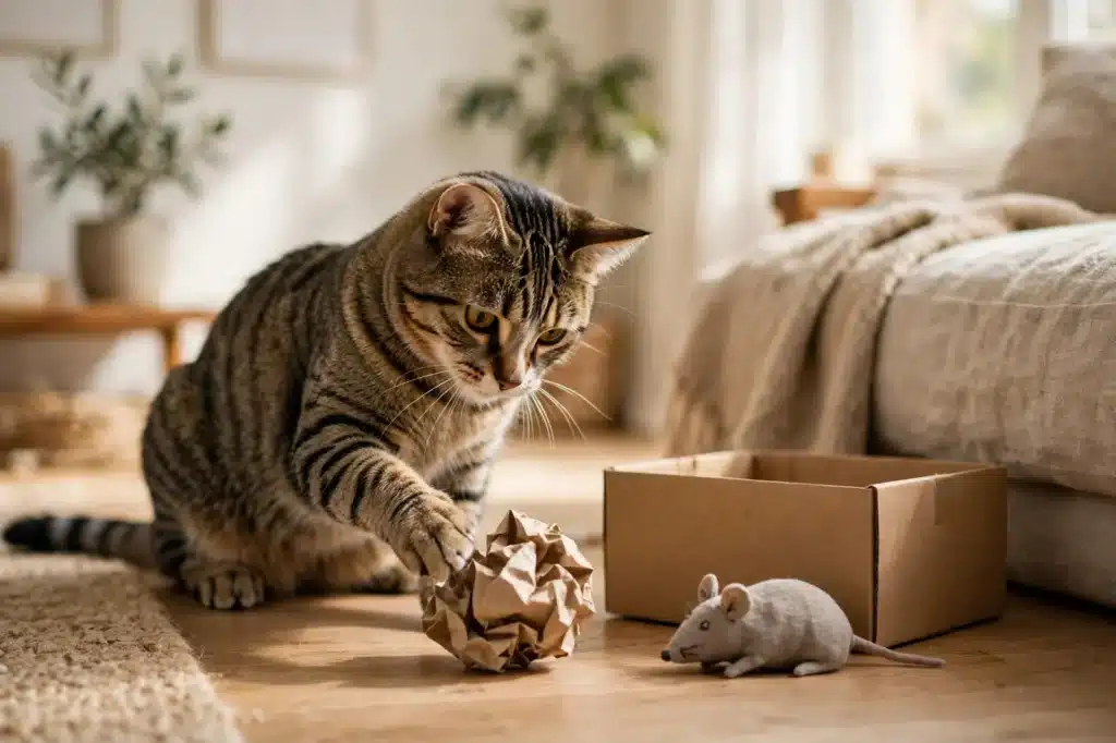 Juguete casero para gatos Gato atigrado jugando con pelota de papel arrugado, ratón de tela y caja de cartón
