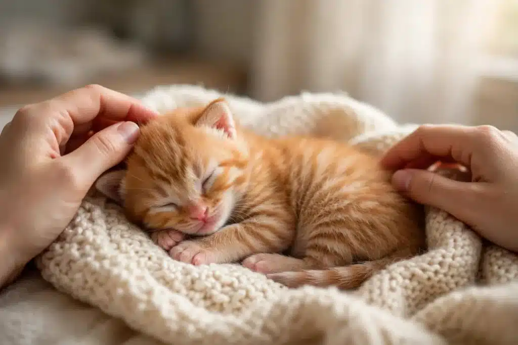 Suplemento casero para gatos bebés Gatito bebé anaranjado dormido y acurrucado en una manta suave de lana, acariciado con ternura por manos cuidadosas que transmiten calor neonatal.